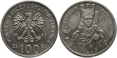 Польша 100 злотых 1988 MW, серия Польские правители, королева Ядвига (1384-1399) KM 183 медно-никель UNC 180-344