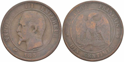 Франция 10 сантимов 1857 A, Наполеон III (1852-1870) KM 771.1, Le Franc 133.39 бронза    4680-642