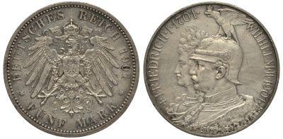 Пруссия 5 марок 1901 A, 200 лет Прусской королевской династии (Фридрих I - Вильгельм II) KM 526, J.106 серебро aUNC 3711-333