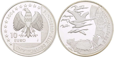 ФРГ 10 евро 2004 J, Национальный парк, Ваттовое море (Wattenmeer) KM 232, DE.S 10.15 серебро PROOF 1085-5-55