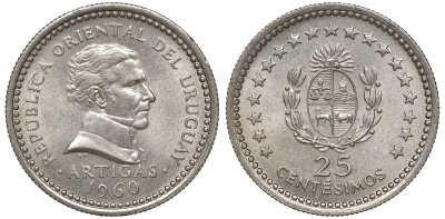 Уругвай 25 сентесимо 1960 KM 40 медно-никель 4169-844