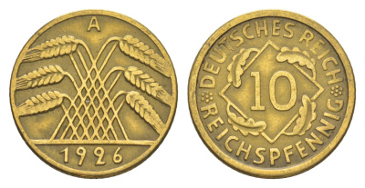 Германия 10 рейхспфеннигов 1926 A KM 40, J. 317 алюминиевая бронза 4549-666