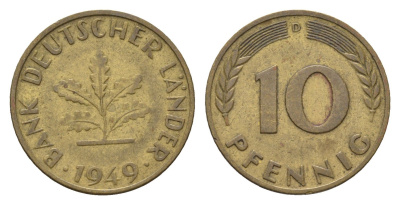 ФРГ 10 пфеннигов 1949 D KM 103, J. 378 сталь плакированная латунью 4618-1121