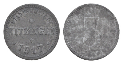 Китцинген 5 пфеннигов 1917 Funck 248.1, Men18 16548.1 цинк 4639-127