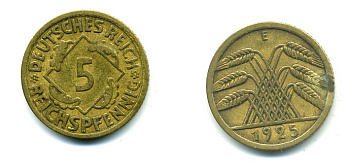 ГЕРМАНИЯ 5 РЕЙХСПФЕННИГОВ 1925 E, KM 39, J. 316 алюминиевая бронза 46-2322