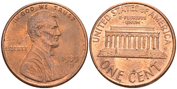 США 1 цент 1989 D, Линкольн KM 201b цинк плакированный медью UNC 187-711