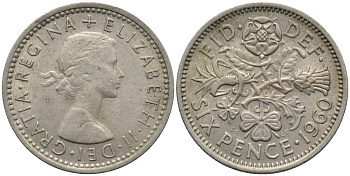 Великобритания 6 пенсов 1960 Елизавета II (1952-2022) KM 903, Spink 4149 медно-никель 4567-715