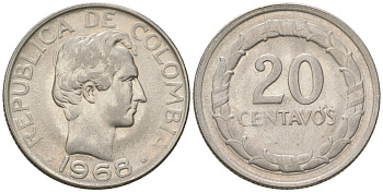Колумбия 20 сентаво 1968 KM 227 сталь плакированная никелем 4398-1111