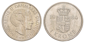 Дания 1 крона 1984 Маргрете II (1972-2024) KM 862 медно-никель 4654-343