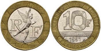 Франция 10 франков 1991 тип гений Бастилии KM 964.1, Le Frank 375.6 биметалл 4601-423