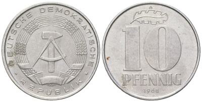 ГДР 10 пфеннигов 1968 A KM 10 алюминий aUNC 201-865