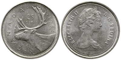 КАНАДА 25 ЦЕНТОВ 1984 ОЛЕНЬ, ЕЛИЗАВЕТА II KM 74 никель 4364-2051