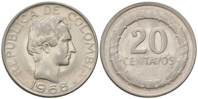 Колумбия 20 сентаво 1968 KM 227 сталь плакированная никелем 4398-1111