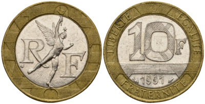 Франция 10 франков 1991 тип гений Бастилии KM 964.1, Le Frank 375.6 биметалл 4601-423