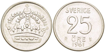 Швеция 25 эре 1961 TS, Густав VI Адольф (1950-1973) KM 824 серебро 4516-458