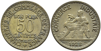 Франция 50 сантимов 1922 тип Chambre de Commerce KM 884, Le Franc 191.5 алюминиевая бронза 4392-621