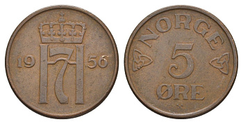 Норвегия 5 эре 1956 Хокон VII (1905-1957) KM 400 бронза 4635-547