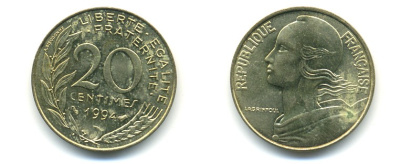 ФРАНЦИЯ 20 САНТИМОВ 1994 KM 930 медь алюминий никель 25-433