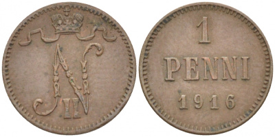 РОССИЯ ДЛЯ ФИНЛЯНДИИ 1 ПЕННИ 1916 НИКОЛАЙ II (1895-1917) KM 13, Биткин 476 медь 211-1023