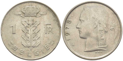 Бельгия 1 франк 1975 Belgie, Бодуэн I (1951-1993) KM 143.1 медно-никель 119-635
