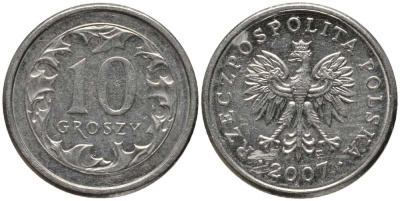 ПОЛЬША 10 ГРОШЕЙ 2007 MW KM 279 медно-никель 201-449