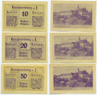 Австрия, Райхерсберг набор из 3 банкнот 10, 20, 50 геллеров 1920 24 мая 1920 - 31 декабря 1920, нотгельд, ярмарочная община в земле Верхняя Австрия   бумага  UNC (пресс) 7555-27-1-2