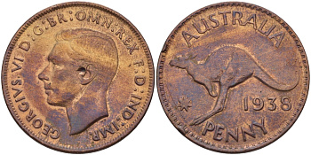 АВСТРАЛИЯ 1 ПЕННИ 1938 ГЕОРГ VI, КЕНГУРУ KM 36 бронза 82-741