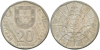 Португалия 20 эскудо 1988 KM 634 медно-никель 4148-523