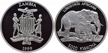 Замбия 5000 квача 1999 Африканские слоны KM 92 серебро PROOF 01-107-43