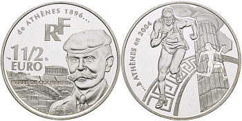 Франция 1 1/2 евро 2003 Пьер де Кубертен, Олимпийские игры 2004 года в Афинах, бег KM 1361 серебро PROOF 1076-5-43