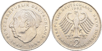 ФРГ 2 марки 1985 F , Теодор Хойс, 20 лет Федеративной Республике (1949-1969) KM A127, J. 407 медно-никель плакированный никелем 4139-215