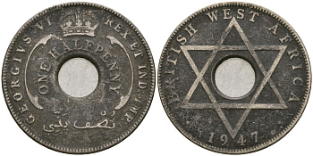 Британская Западная Африка 1/2 пенни 1947 ?, Георг VI KM 18 медно-никель 25-1013