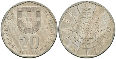 Португалия 20 эскудо 1988 KM 634 медно-никель 4148-523