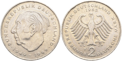 ФРГ 2 марки 1985 F , Теодор Хойс, 20 лет Федеративной Республике (1949-1969) KM A127, J. 407 медно-никель плакированный никелем 4139-215