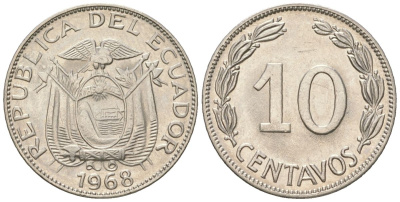 Эквадор 10 сентаво 1968 KM 76c сталь плакированная никелем aUNC 4585-814