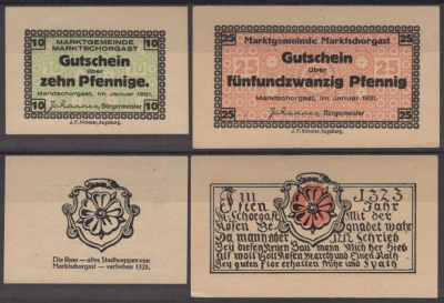 Марктшоргаст полный набор из 2 нотгельдов (10 и 25 пфеннигов) 1921 DeNG 2 871.2 бумага UNC (пресс) 7556-41-1-1