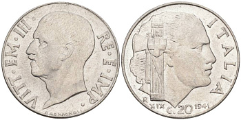 ИТАЛИЯ 20 ЧЕНТЕЗИМО 1941 R, ГОД XIX, ВИКТОР ЭММАНУИЛ III (1900-1946) KM 75b, VEM3. 1028 нержавеющая сталь 3853-1032