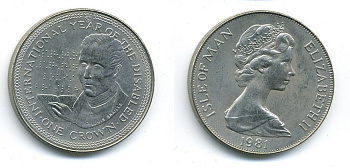 Остров Мэн 1 крона 1981 Международный год инвалидов, Луи Брайль КМ 77 медно-никель UNC 58-825