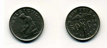 БЕЛЬГИЯ 50 САНТИМОВ 1923 BELGIQUE KM 87 никель 46-1167