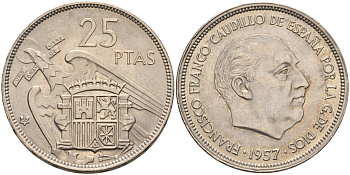 Испания 25 песет 1957(66) Франциско Франко (1939-1975) KM 787 медно-никель аUNC 4583-1023