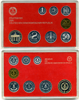 ГДР официальный набор из 8 монет включая 5 марок Бранденбургские ворота 1982 тираж 2500 экземпляров, твердый пластик KM PS 3 PROOF 4-3-5-23