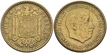 Испания 1 песета 1963 (65) Франсиско Франко (1939-1975) KM 775 алюминиевая бронза 3336-1136