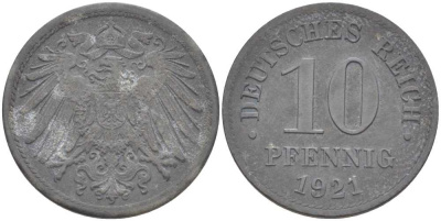 ГЕРМАНИЯ 10 ПФЕННИГОВ 1921 (1917-1922) KM 26, J. 299, Weege 8 цинк 210-236