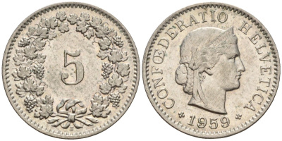 Швейцария 5 раппенов 1959 KM 26 медно-никель 4596-646