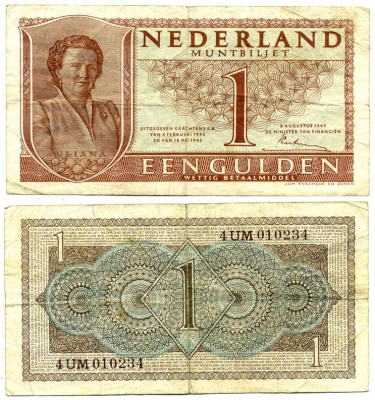 НИДЕРЛАНДЫ 1 ГУЛЬДЕН 1949 8 АВГУСТА 1949, КОРОЛЕВА ЮЛИАНА Pick 72 бумага 6287-16-1