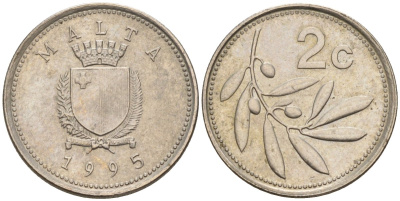 Мальта 2 цента 1995 оливковая ветвь KM 94 медно-никель 4596-818