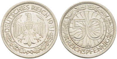 ГЕРМАНИЯ 50 РЕЙХСПФЕННИГОВ 1931 А KM 49, J. 324 никель 202-443