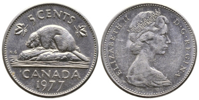 Канада 5 центов 1977 Елизавета II (1952-2022), бобр KM 60.1 никель 4364-2442
