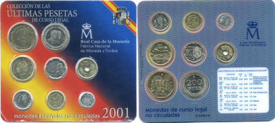 Испания официальный годовой набор из 8 монет песет 2001 в блистере UNC 00-00