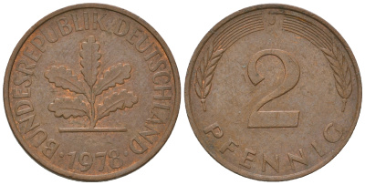ФРГ 2 пфеннига 1978 J KM 106a, J.381a сталь плакированная медью 4651-1268